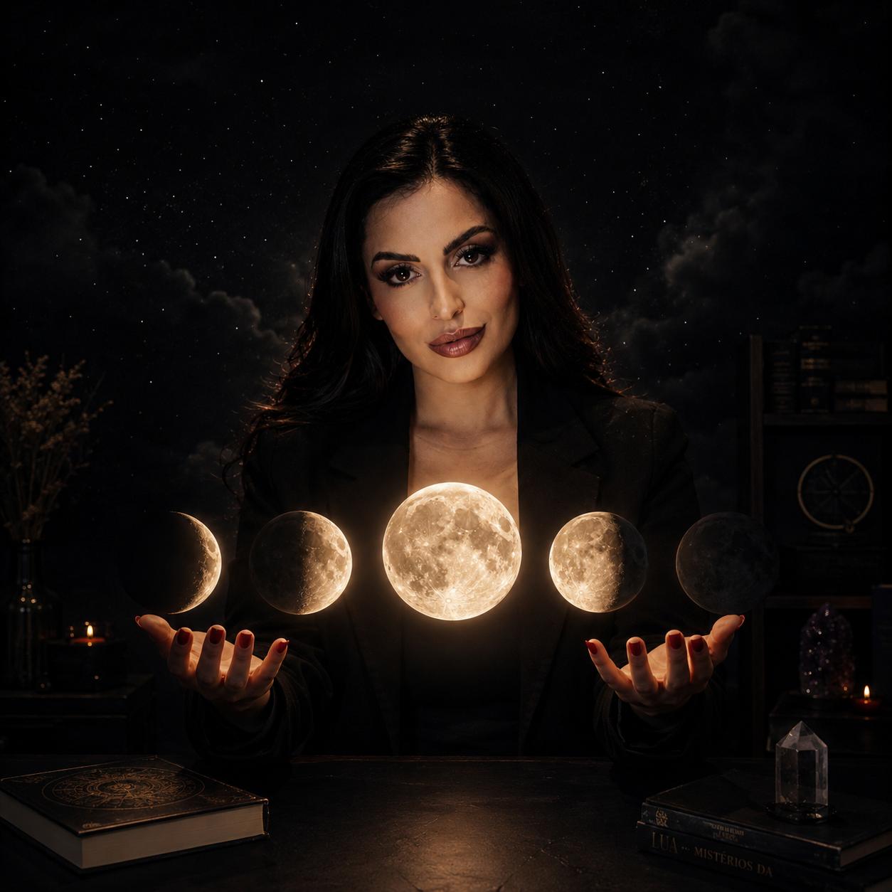 Mulher segurando ouro sob a Lua Cheia