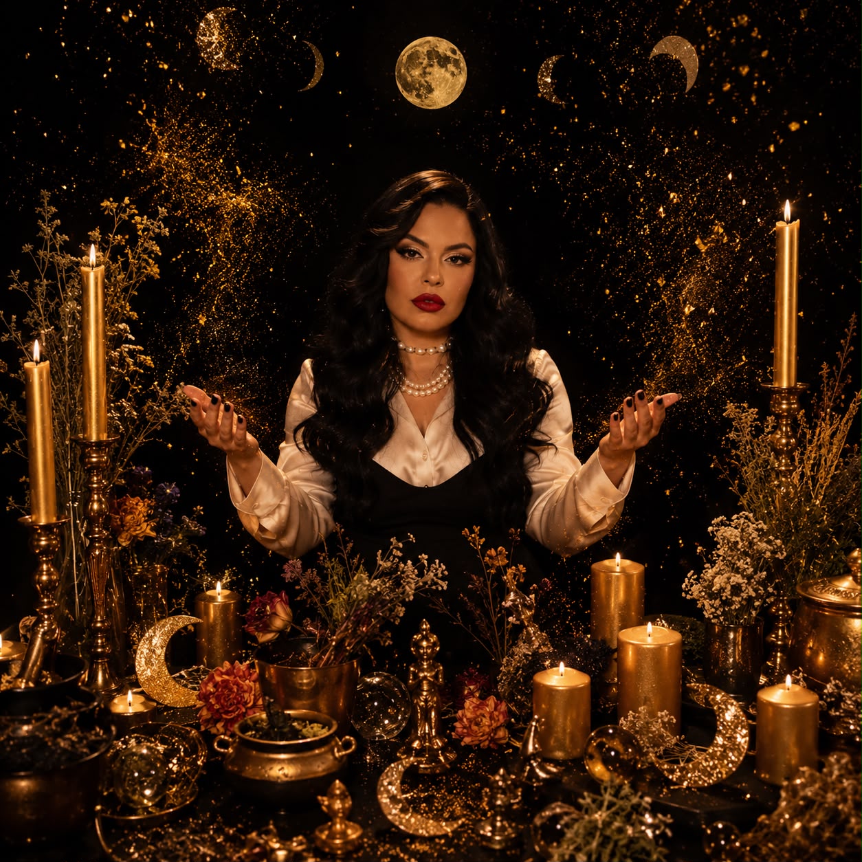 Altar de Lua Cheia com velas douradas, cristais e as fases da lua